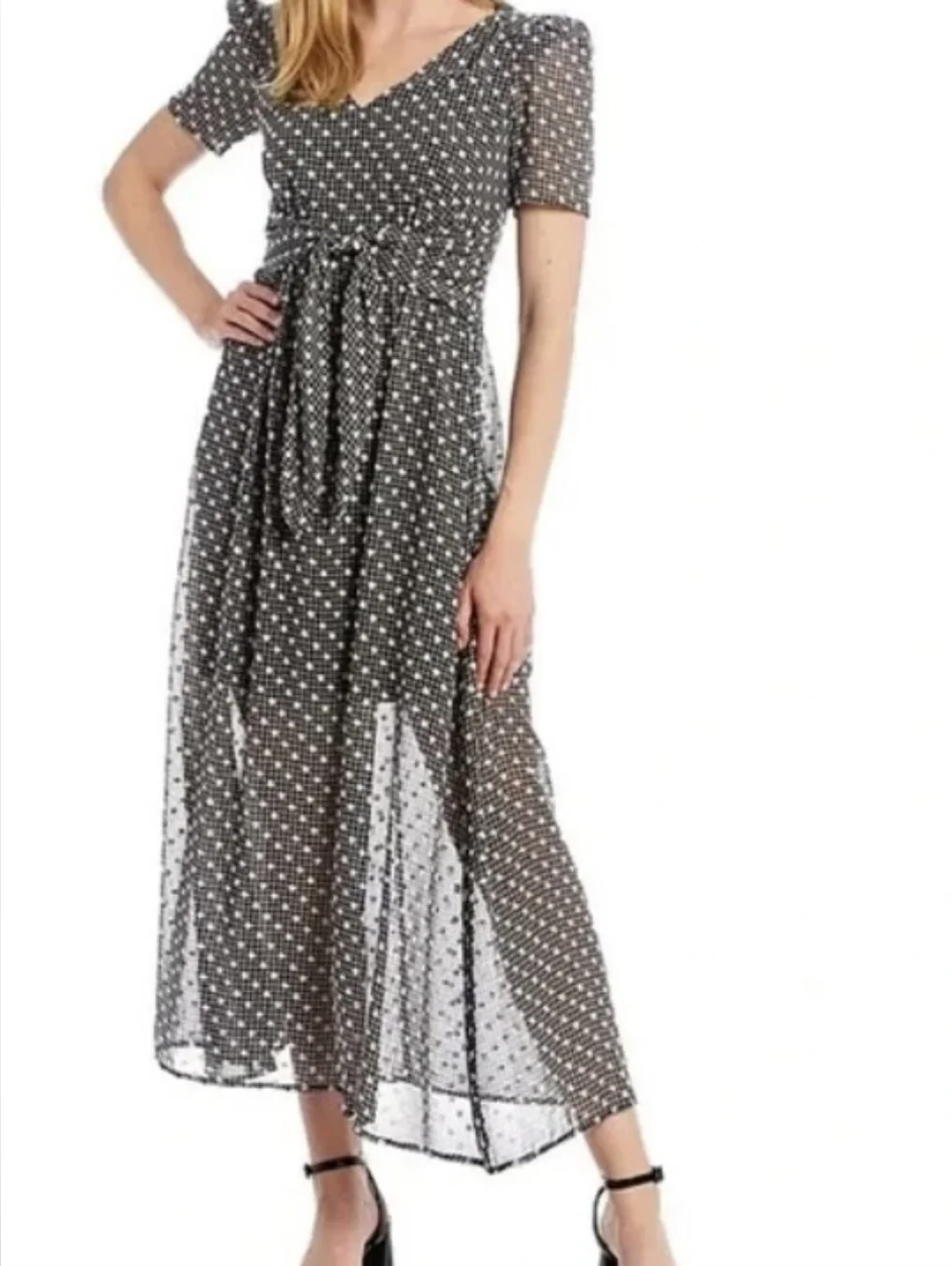 Calvin Klein Women V-Neck Black & White Clip-Dot Chiffon Maxi Dress - Picture 1 of 12